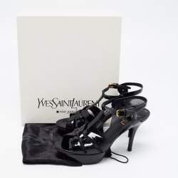 Saint Laurent Paris Black Patent Leather Tribute Platform Ankle Strap Sandals Size 38