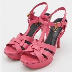 Saint Laurent Pink Leather Tribute Platform Sandals Size 37