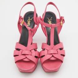 Saint Laurent Pink Leather Tribute Platform Sandals Size 37