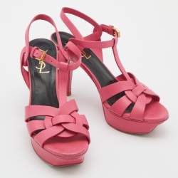 Saint Laurent Pink Leather Tribute Platform Sandals Size 37