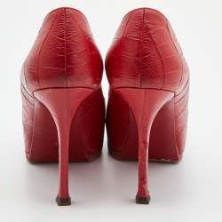Saint Laurent Red Croc Embossed Leather Tribtoo Platform Pumps Size 37
