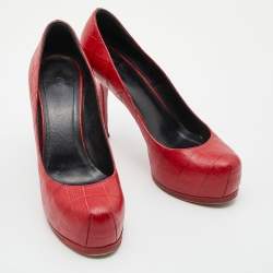 Saint Laurent Red Croc Embossed Leather Tribtoo Platform Pumps Size 37