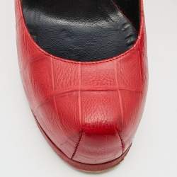 Saint Laurent Red Croc Embossed Leather Tribtoo Platform Pumps Size 37