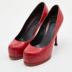 Saint Laurent Red Croc Embossed Leather Tribtoo Platform Pumps Size 37