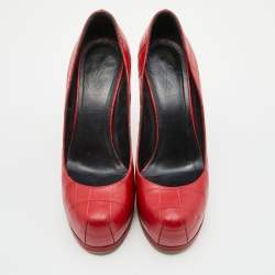 Saint Laurent Red Croc Embossed Leather Tribtoo Platform Pumps Size 37