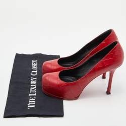 Saint Laurent Red Croc Embossed Leather Tribtoo Platform Pumps Size 37