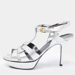 Saint Laurent Silver Leather Tribute Platform Ankle Strap Sandals Size 40