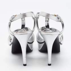 Saint Laurent Silver Leather Tribute Platform Ankle Strap Sandals Size 40
