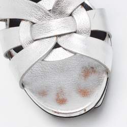 Saint Laurent Silver Leather Tribute Platform Ankle Strap Sandals Size 40