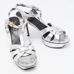 Saint Laurent Silver Leather Tribute Platform Ankle Strap Sandals Size 40