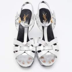 Saint Laurent Silver Leather Tribute Platform Ankle Strap Sandals Size 40