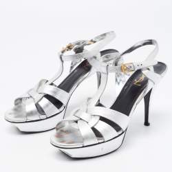 Saint Laurent Silver Leather Tribute Platform Ankle Strap Sandals Size 40