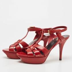 Pre Owned Saint Laurent Red Patent Leather Tribute Sandals Size 38