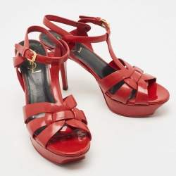 Pre Owned Saint Laurent Red Patent Leather Tribute Sandals Size 38