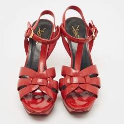 Pre Owned Saint Laurent Red Patent Leather Tribute Sandals Size 38