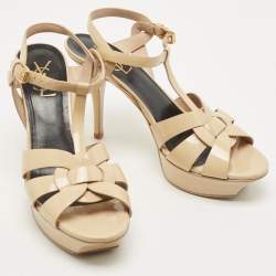 Pre Owned Saint Laurent Beige Patent Leather Tribute Sandals Size 38.5