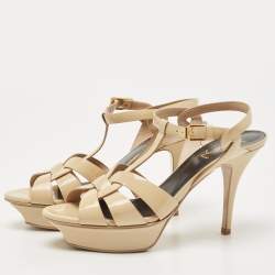 Pre Owned Saint Laurent Beige Patent Leather Tribute Sandals Size 38.5