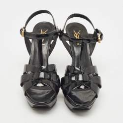 Pre Owned Saint Laurent Black Patent Tribute Sandals Size 38.5