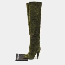 Pre Owned Saint Laurent Green Suede Over The Knees Boots Size 38.5