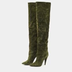 Pre Owned Saint Laurent Green Suede Over The Knees Boots Size 38.5