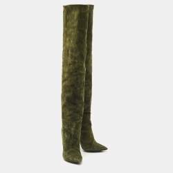 Pre Owned Saint Laurent Green Suede Over The Knees Boots Size 38.5