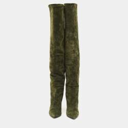 Pre Owned Saint Laurent Green Suede Over The Knees Boots Size 38.5