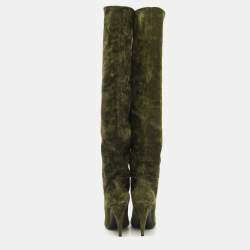 Pre Owned Saint Laurent Green Suede Over The Knees Boots Size 38.5
