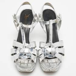 مملوكة مسبقًا Saint Laurent Silver Croc Embossed Leather Tribute Sandals Size 38