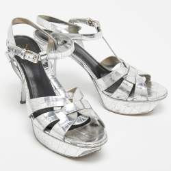 مملوكة مسبقًا Saint Laurent Silver Croc Embossed Leather Tribute Sandals Size 38