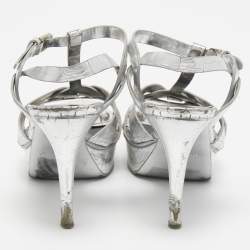 مملوكة مسبقًا Saint Laurent Silver Croc Embossed Leather Tribute Sandals Size 38