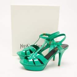 Pre Owned Saint Laurent Green Patent Leather Tribute Ankle Strap Sandals Size 40.5