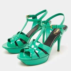 Pre Owned Saint Laurent Green Patent Leather Tribute Ankle Strap Sandals Size 40.5