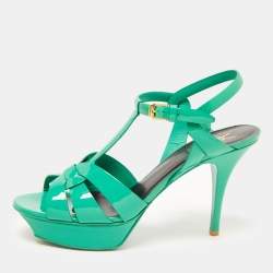 Pre Owned Saint Laurent Green Patent Leather Tribute Ankle Strap Sandals Size 40.5