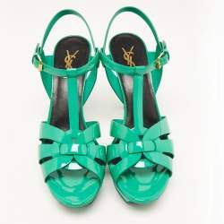 Pre Owned Saint Laurent Green Patent Leather Tribute Ankle Strap Sandals Size 40.5