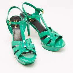 Pre Owned Saint Laurent Green Patent Leather Tribute Ankle Strap Sandals Size 40.5