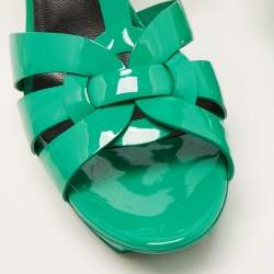 Pre Owned Saint Laurent Green Patent Leather Tribute Ankle Strap Sandals Size 40.5