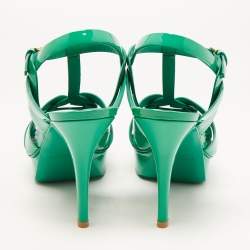 Pre Owned Saint Laurent Green Patent Leather Tribute Ankle Strap Sandals Size 40.5