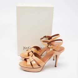 Saint Laurent Beige Patent Leather Tribute Ankle Strap Sandals Size 41