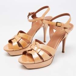 Saint Laurent Beige Patent Leather Tribute Ankle Strap Sandals Size 41