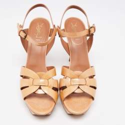 Saint Laurent Beige Patent Leather Tribute Ankle Strap Sandals Size 41