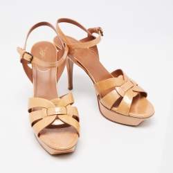 Saint Laurent Beige Patent Leather Tribute Ankle Strap Sandals Size 41