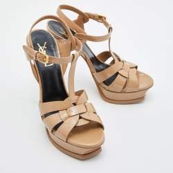 Pre Owned Saint Laurent Beige Patent Leather Tribute Ankle Strap Sandals Size 38.5