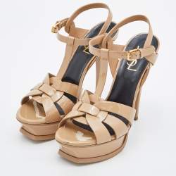 Pre Owned Saint Laurent Beige Patent Leather Tribute Ankle Strap Sandals Size 38.5