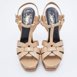 Pre Owned Saint Laurent Beige Patent Leather Tribute Ankle Strap Sandals Size 38.5