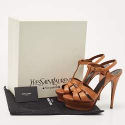 Pre Owned Saint Laurent Brown Leather Tribute Ankle Strap Sandals Size 37