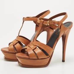 Pre Owned Saint Laurent Brown Leather Tribute Ankle Strap Sandals Size 37