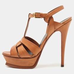 Pre Owned Saint Laurent Brown Leather Tribute Ankle Strap Sandals Size 37
