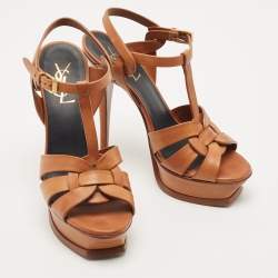 Pre Owned Saint Laurent Brown Leather Tribute Ankle Strap Sandals Size 37