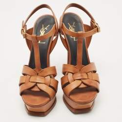 Pre Owned Saint Laurent Brown Leather Tribute Ankle Strap Sandals Size 37