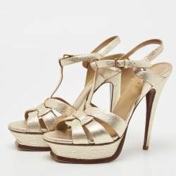 Pre Owned Saint Laurent Gold Texture Leather Tribute Sandals Size 39